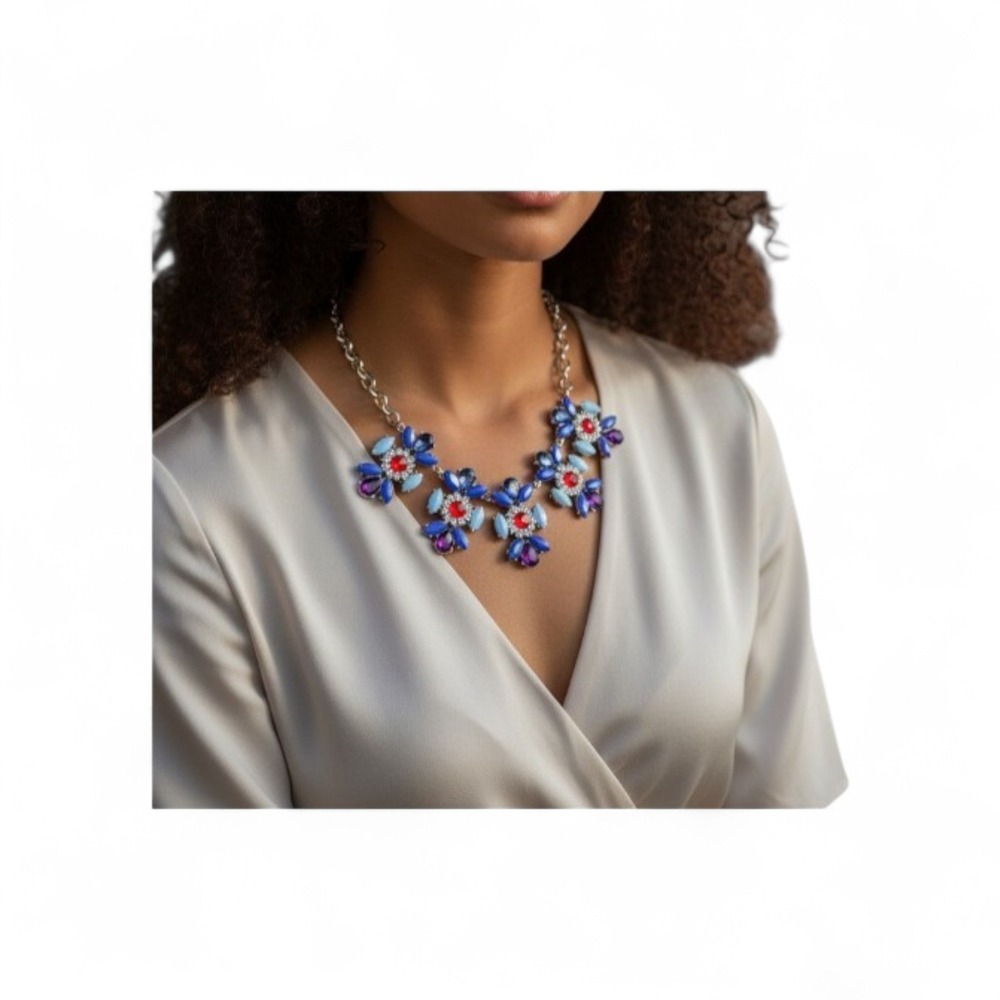 Anthro-Inspired Floral Statement Necklace |‎ Gold Tone Crystal Bib | Adjustable